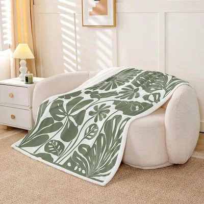 Sage Green Retro Floral Blanket: Vintage Botanical Throw for 70s Decor
