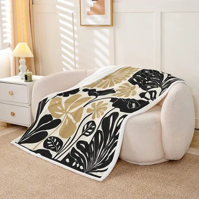 Black Tan Abstract Floral Blanket for Modern Botanical Lovers
