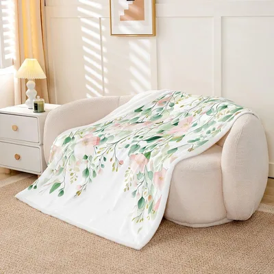 Green Pink Floral Eucalyptus Blanket: Watercolor Leaves and Blooms