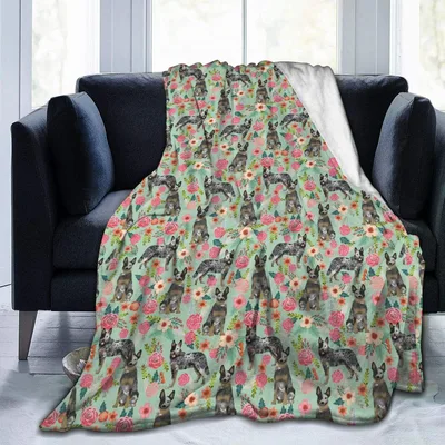 Pink Floral Pattern Blanket No. 2 with Blue Heeler Dogs