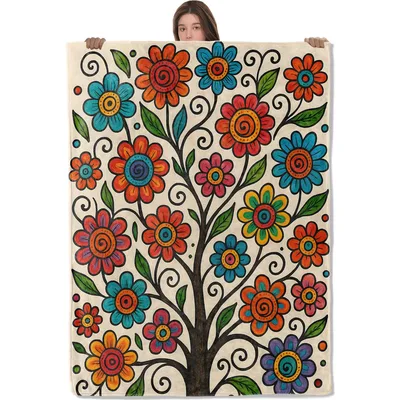 Colorful Folk Art Floral Blanket: Vibrant Tree Design for Boho Lovers