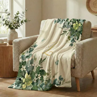Eucalyptus Floral Botanical Leaves Blanket with Gold Monogram L