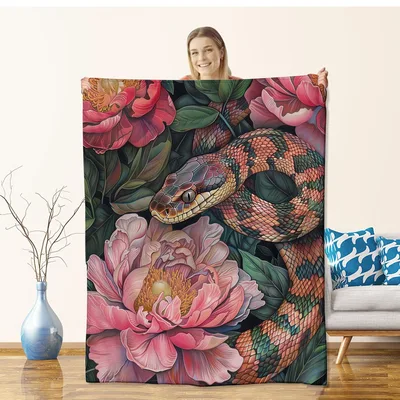 Pink Peony Flowers Blanket: A Snake and Floral Art Design