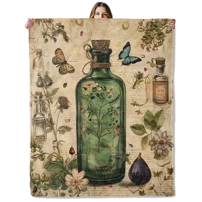 Green Potion Bottle Botanical Blanket: Vintage Apothecary Design