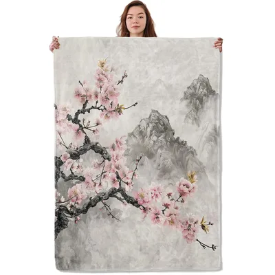 Cherry Blossom Ink Painting Blanket