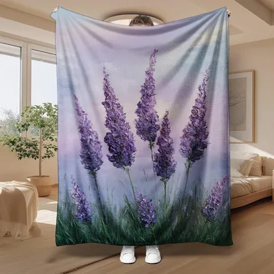 Lavender Flowers Sunset Sky Blanket: Purple Floral Art for Cozy Spaces