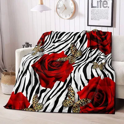 Zebra Print with Red Blanket: Bold Stripes and Roses