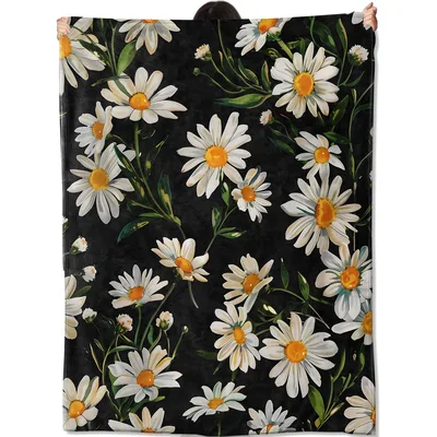 White Daisies on Black Blanket: Elegant Floral Throw for Home