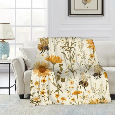 Yellow Wildflowers and Bees Blanket: Nature Print for Garden Lovers
