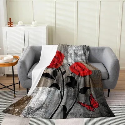 Red Roses Gray Floral Blanket: Artistic Red Roses and Butterfly Design