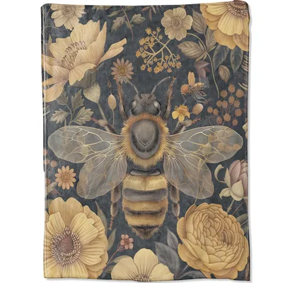 Yellow Bee Vintage Floral Blanket: A Bumblebee in a Garden