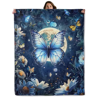 Blue Butterfly Moon Night Blanket: A Celestial Floral Design