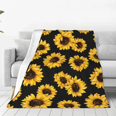Sunflowers on Black Background Blanket No. 2 for Bright Floral Lovers