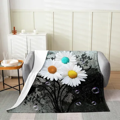 White Daisies on Dark Blanket: Grunge Floral Design with Bubbles