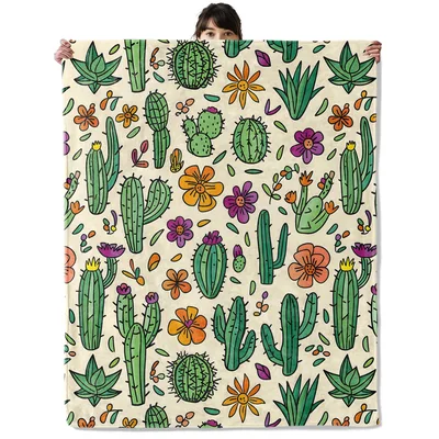 Cactus and Flowers Pattern Blanket featuring playful green cacti