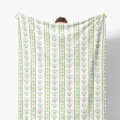 Pink Flower Vine Stripes Blanket: Grandmillennial Floral Throw Design