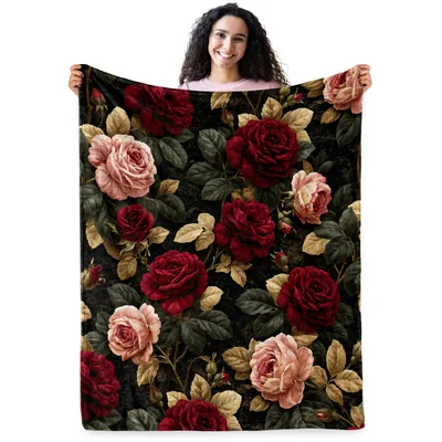 Red Rose Garden Pattern Blanket: Vintage Floral Throw for Home