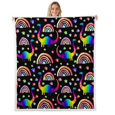 Rainbow Floral Pattern Blanket with Rainbow Brachiosaurus and Flowers