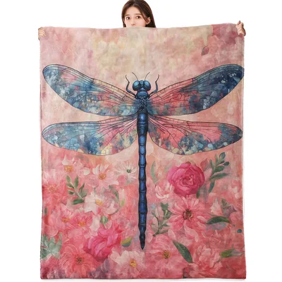 Dragonfly and Pink Flowers Blanket: Blue Winged Insect Art