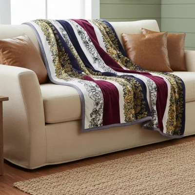 Bohemian Carnation Striped Floral Blanket featuring bold burgundy