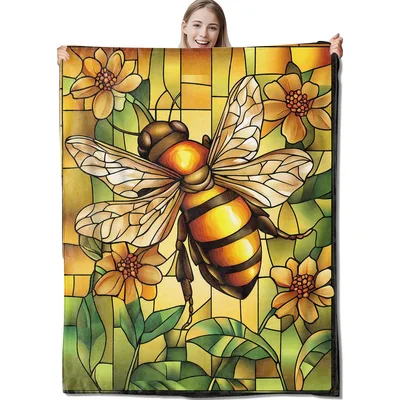 Stained Glass Bee Blanket: Artistic Bumblebee and Floral Design