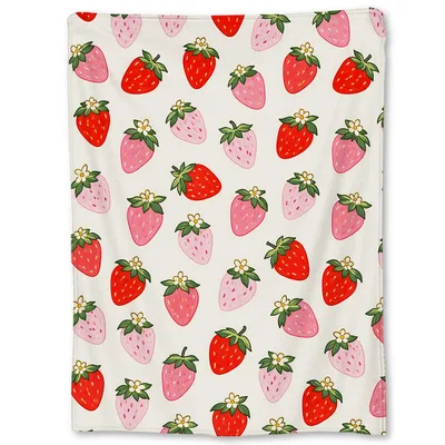 Pink and Red Strawberries Blanket: Kawaii Fruit Pattern Throw