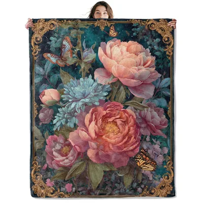 Retro Roses with Butterfly Blanket: Vintage Floral Art with Gold Frame