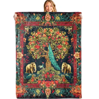 Peacock and Elephant Tree Blanket: Exotic Wildlife Art for Boho Decor