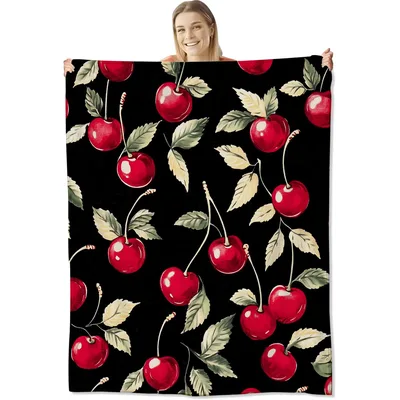 Red Cherries Pattern on Black Blanket