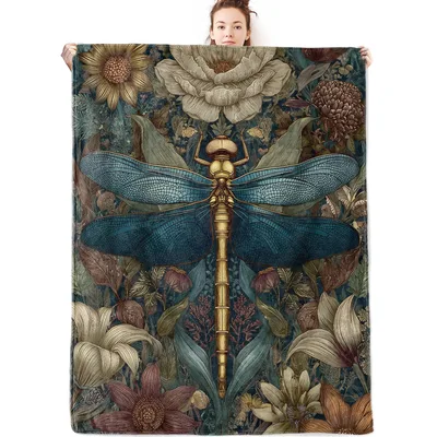 Vintage Dragonfly and Flowers Blanket