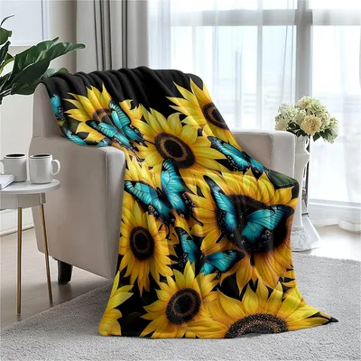 Blue Butterfly and Sunflowers Blanket: Vibrant Floral Art
