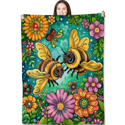 Happy Bees and Flowers Blanket featuring two large cartoon bees