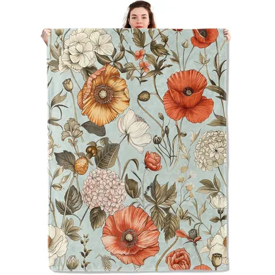 Retro Floral on Blue Blanket: Vintage Botanical Throw for Cozy Spaces