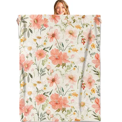Pink Watercolor Flowers Pattern Blanket featuring soft peach