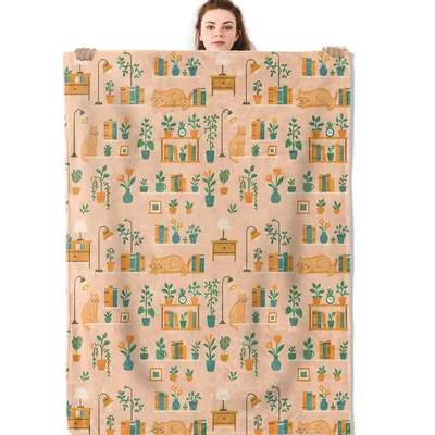 Potted Plants Bookshelf Pattern Blanket for Cat and Plant Lovers