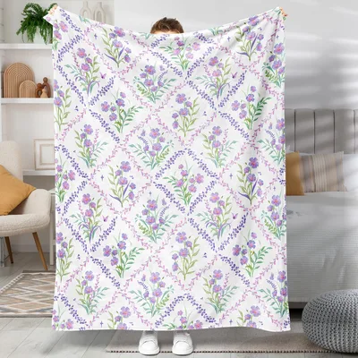 Purple Flowers Botanical Pattern Blanket