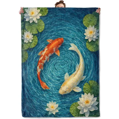 Koi Fish in Lotus Pond Blanket: Swirling Water and White Lilies