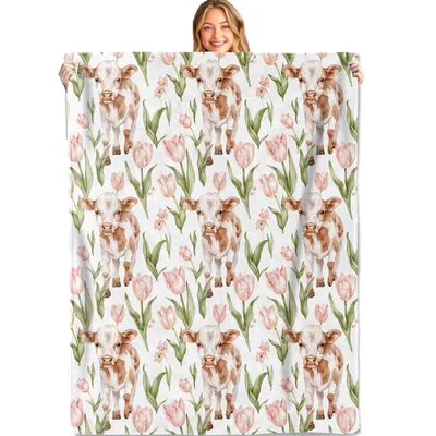 Pink Tulip Floral Pattern Blanket: Cute Calf and Spring Tulips Design