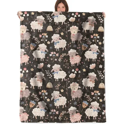 Pink Floral Pattern Blanket: Cute Sheep and Wildflower Design for Kids