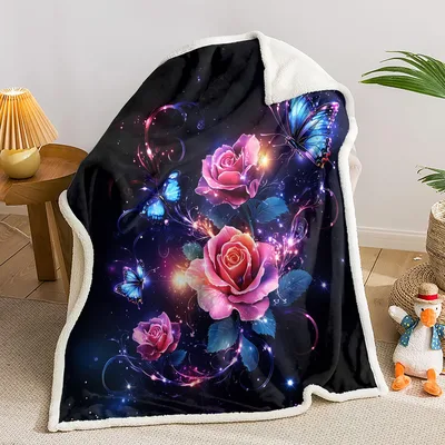 Glowing Flowers and Butterflies Blanket: Cosmic Pink Roses Design