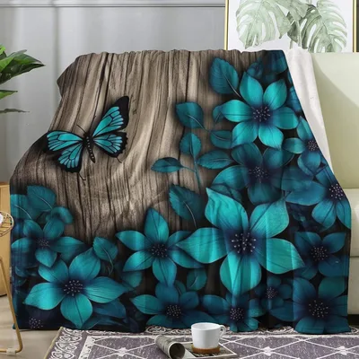 Turquoise Flowers on Wood Blanket: Rustic Floral Design with Butterfly