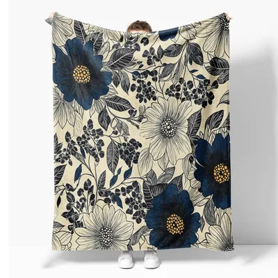 Blue Ink Botanical Flowers Blanket: Navy Floral Art with Gold Centers