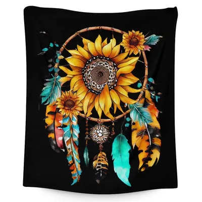 Sunflower Dreamcatcher Blanket: Boho Sunflower Art with Feathers