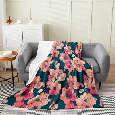 Cherry Blossom Floral Pattern Blanket: Vintage Pink Flowers on Teal