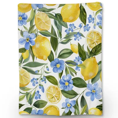 Lemons and Blue Flowers Blanket: Citrus and Floral Throw Design