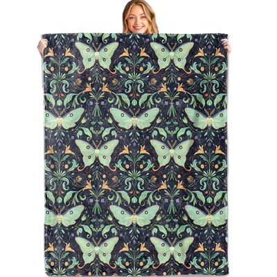 Green Moths and Flowers Blanket: Vintage Insect Art for Nature Lovers