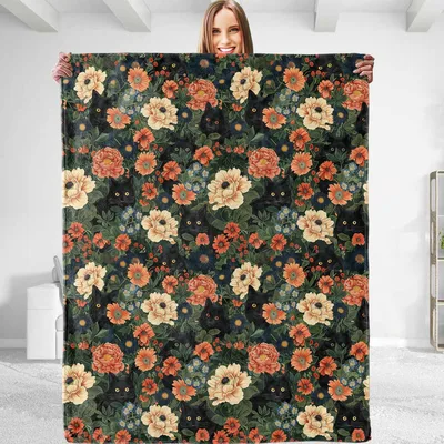 Dark Vintage Floral Pattern Blanket with Black Cats and Peonies