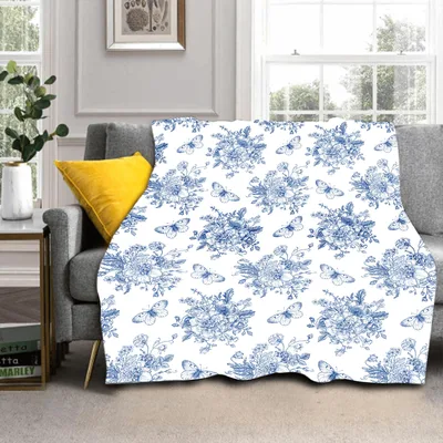 Blue and White Floral Toile Blanket Vintage Chinoiserie Pattern Design