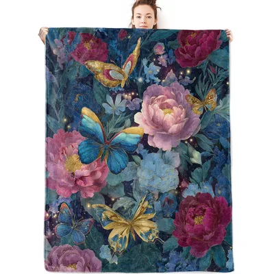 Butterflies and Blooming Peony Blanket: A Night Garden Throw
