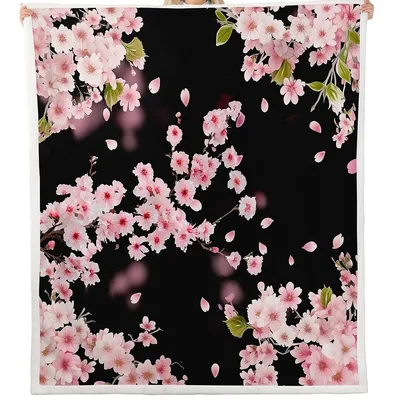 Cherry Blossom Branches on Black Blanket: Pink Floral Design